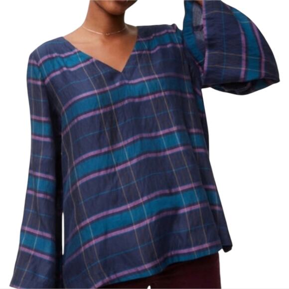 Loft Women's Blue and Purple Plaid Top with Bell Sleeves Size Small Medium New - Picture 1 of 9